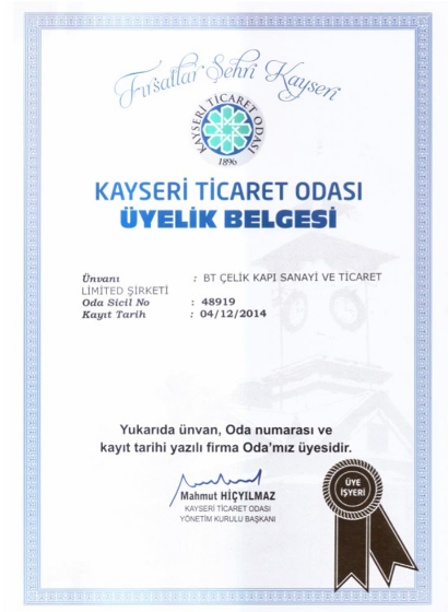 Kayseri Ticaret Odası Üyelik Belgesi